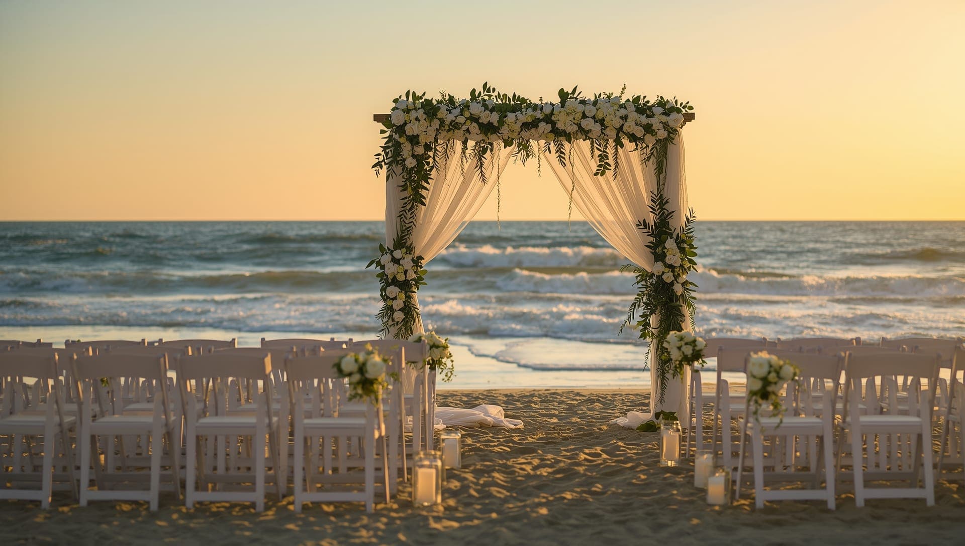 Beach wedding ceremony at sunset with floral arch on the sand