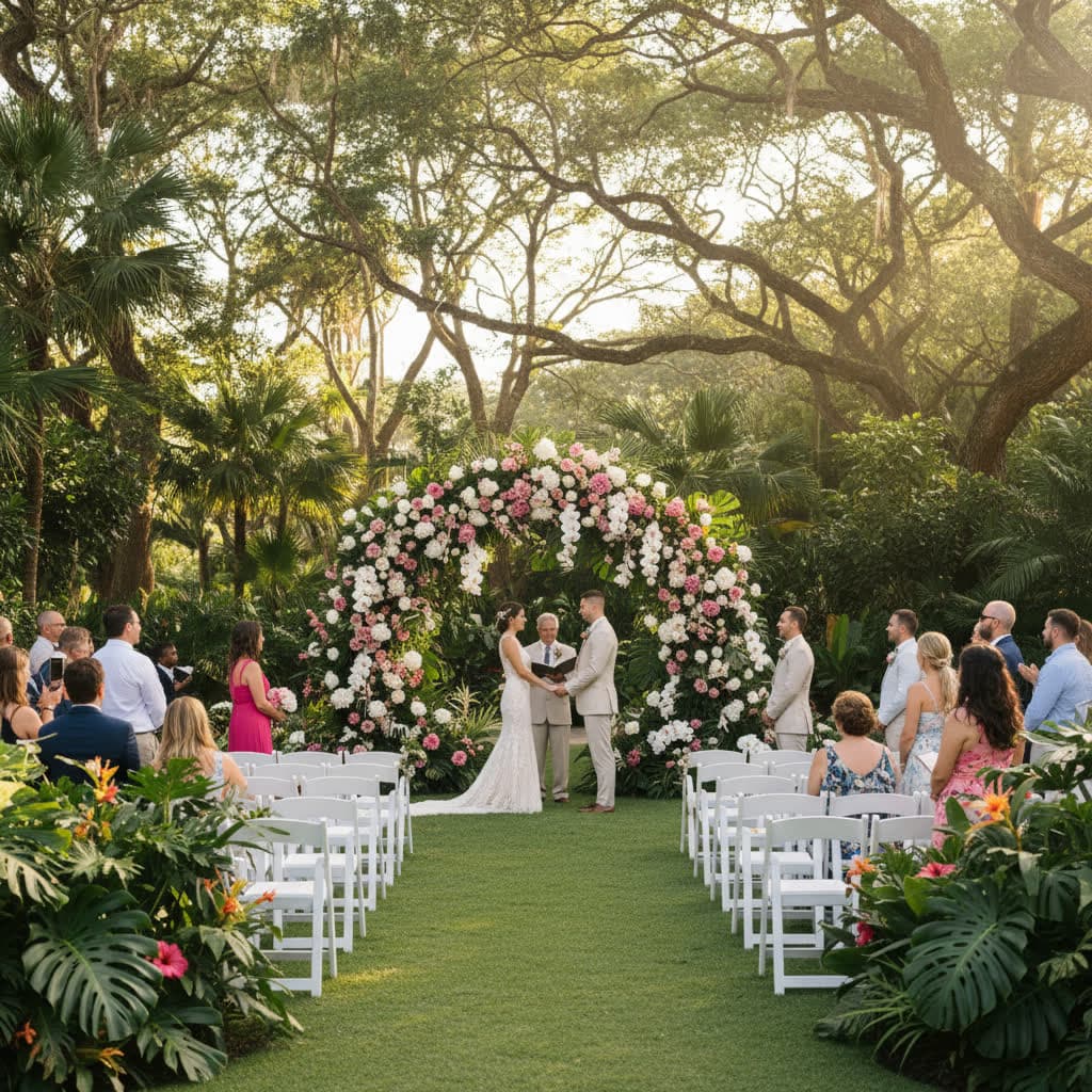 Garden wedding ceremony with floral archway and greenery
