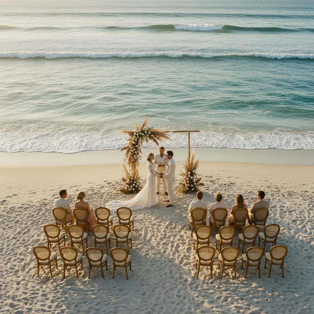 Intimate beach wedding ceremony with tropical flowers