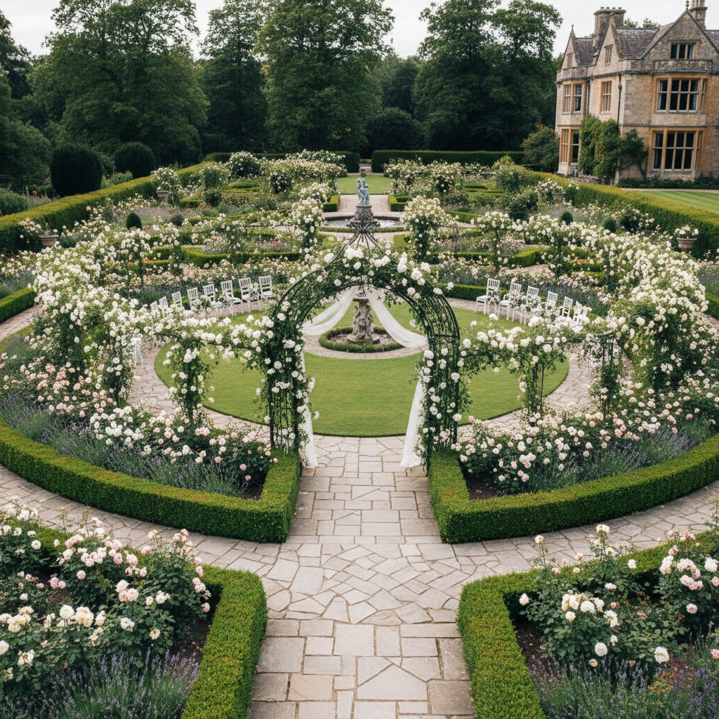 Formal manicured garden wedding setting