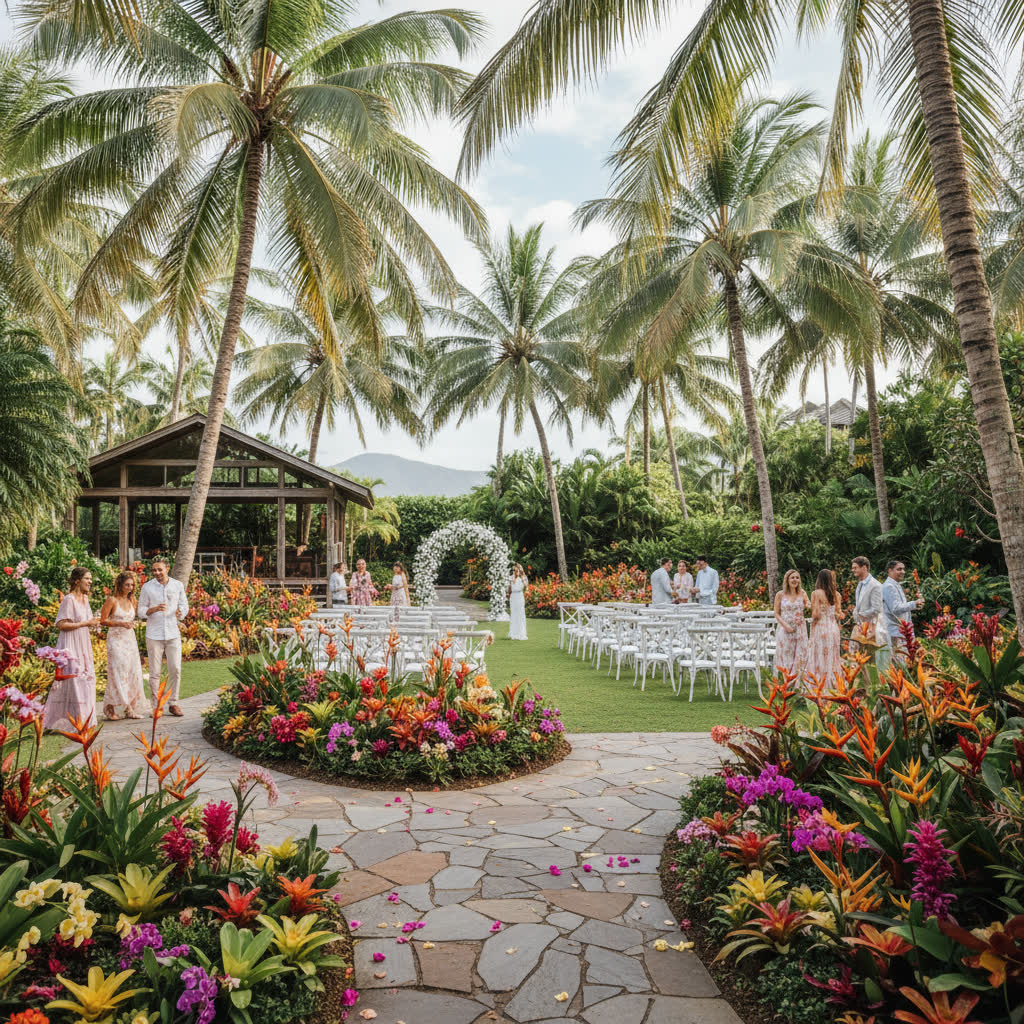 Tropical garden wedding venue with palm trees