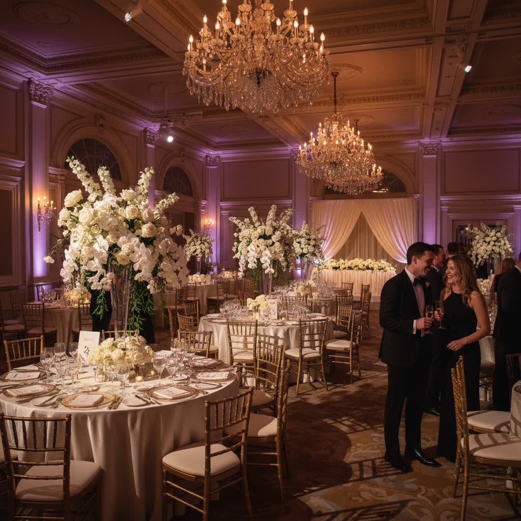 Elegant hotel ballroom with crystal chandeliers